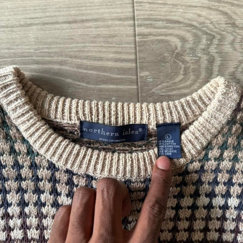 Vintage Striped Sweater Mens Large Tan Chunky Knit Vintage Grandpa - Picture 3 of 4